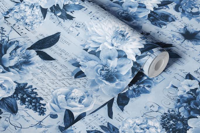 Music And Flowers Vintage Blue Opulencewallpaper roll