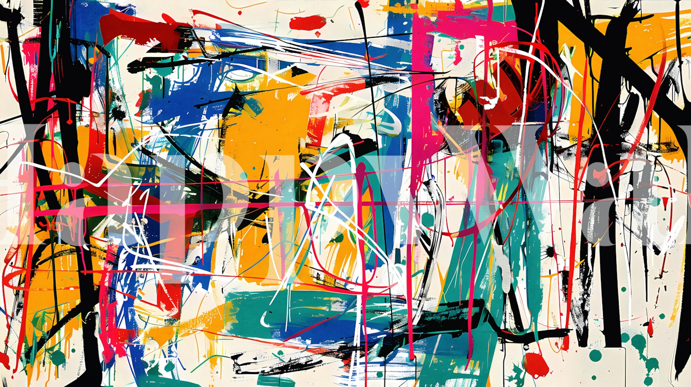 Fotomural vinílico colorido estilo arte de rua com elementos abstratos de graffiti