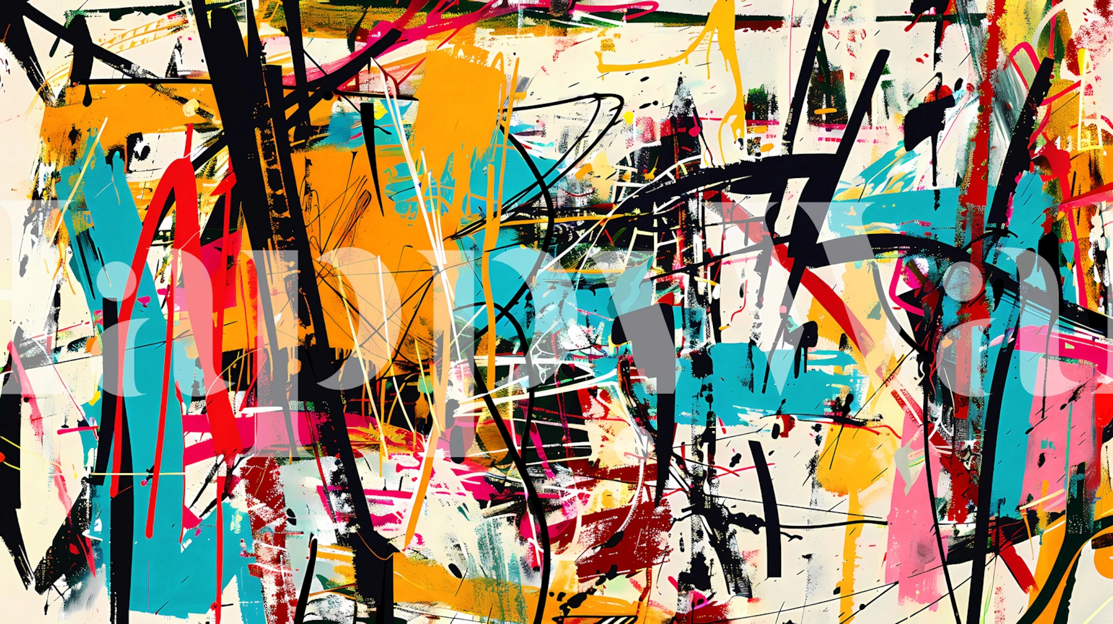 Colorful abstract street art design with splashes of yellow, pink, blue, and black wallpaper