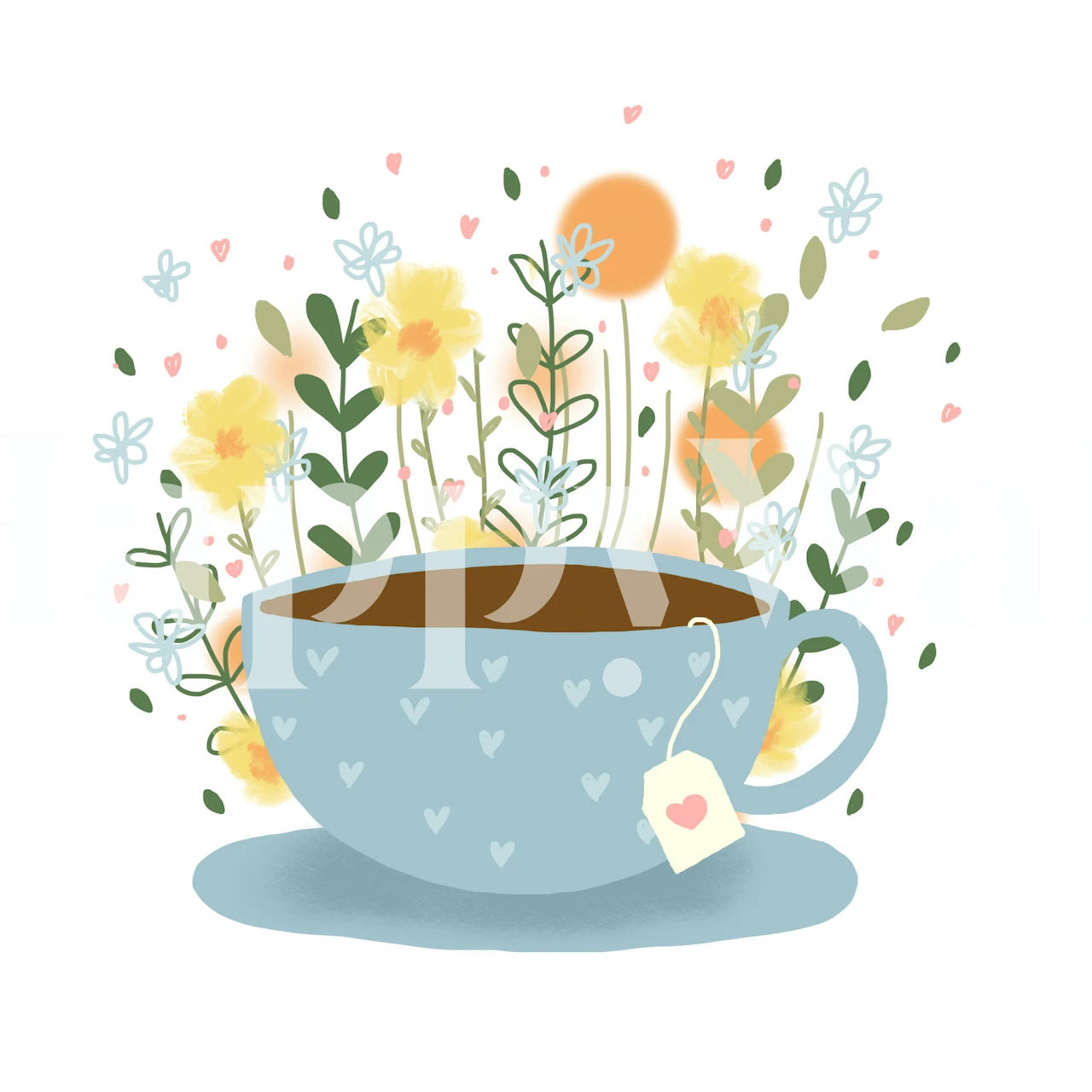 Illustration of a blue teacup with heart pattern and whimsical flowers wall mural