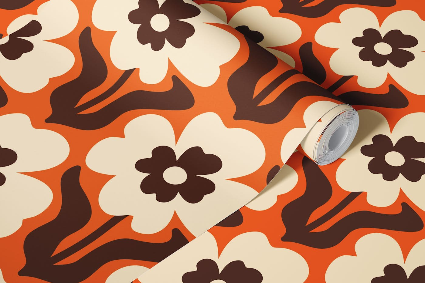 Retro blossom pattern, orange / 3037 A wallpaper roll