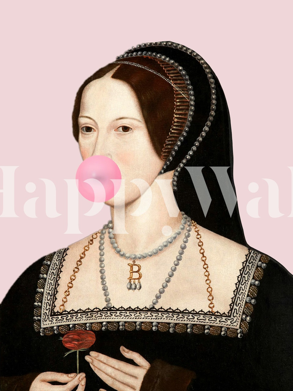 Vintage portrait of a woman with bubble gum on a pink background wallpaper