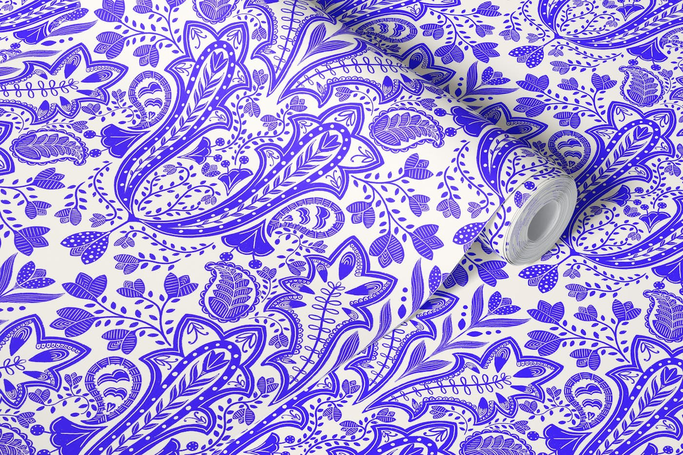 Folk Leaves, Acanthus & Paisley -Royal Indigo wallpaper roll