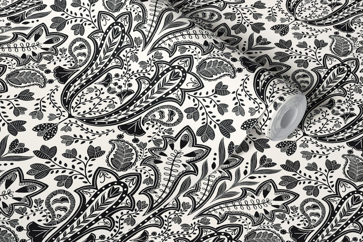 Folk Leave, Acanthus & Paisley -Black & White wallpaper roll