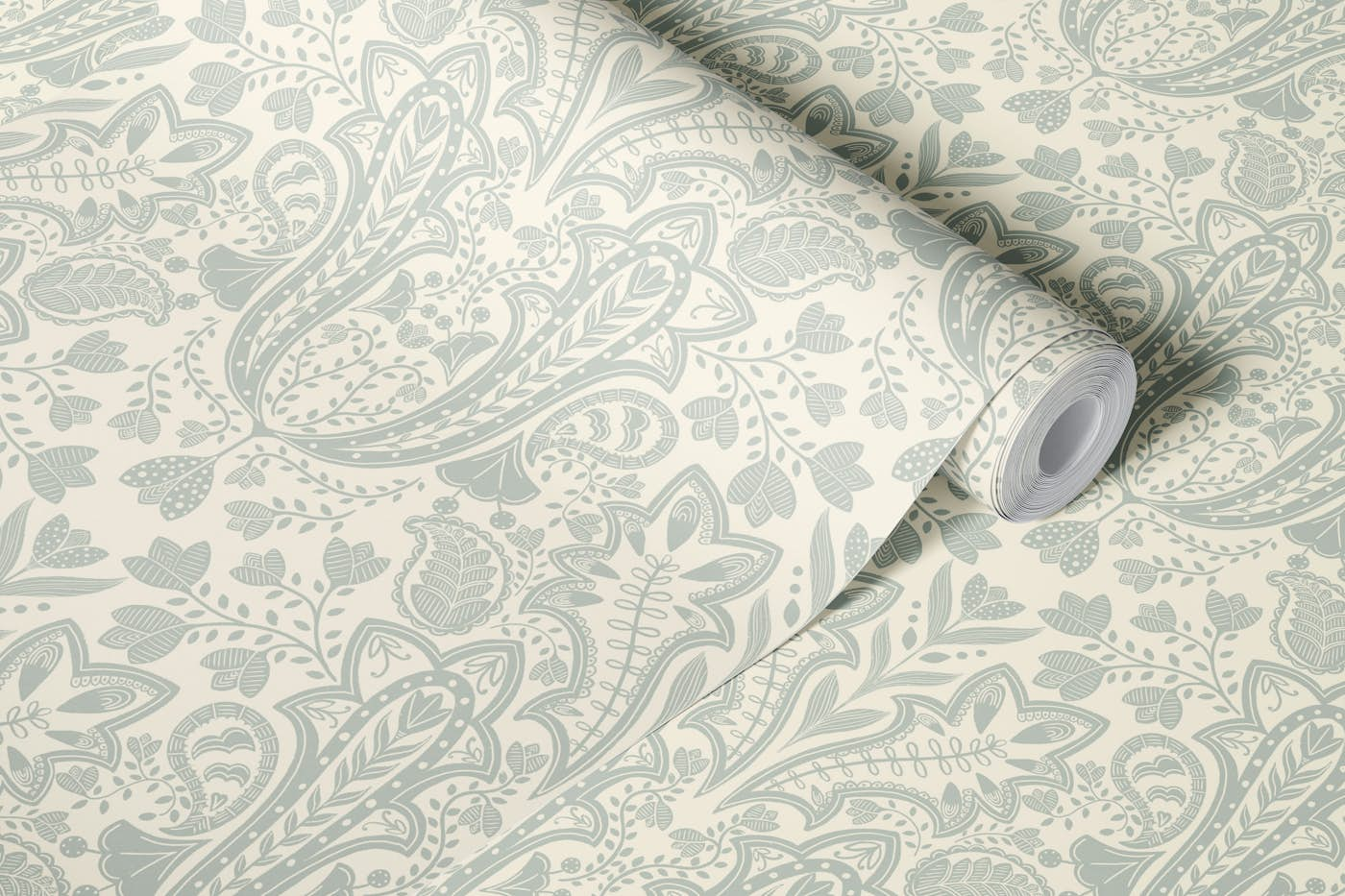 Folk Leaves, Acanthus & Paisley -Stone Green wallpaper roll