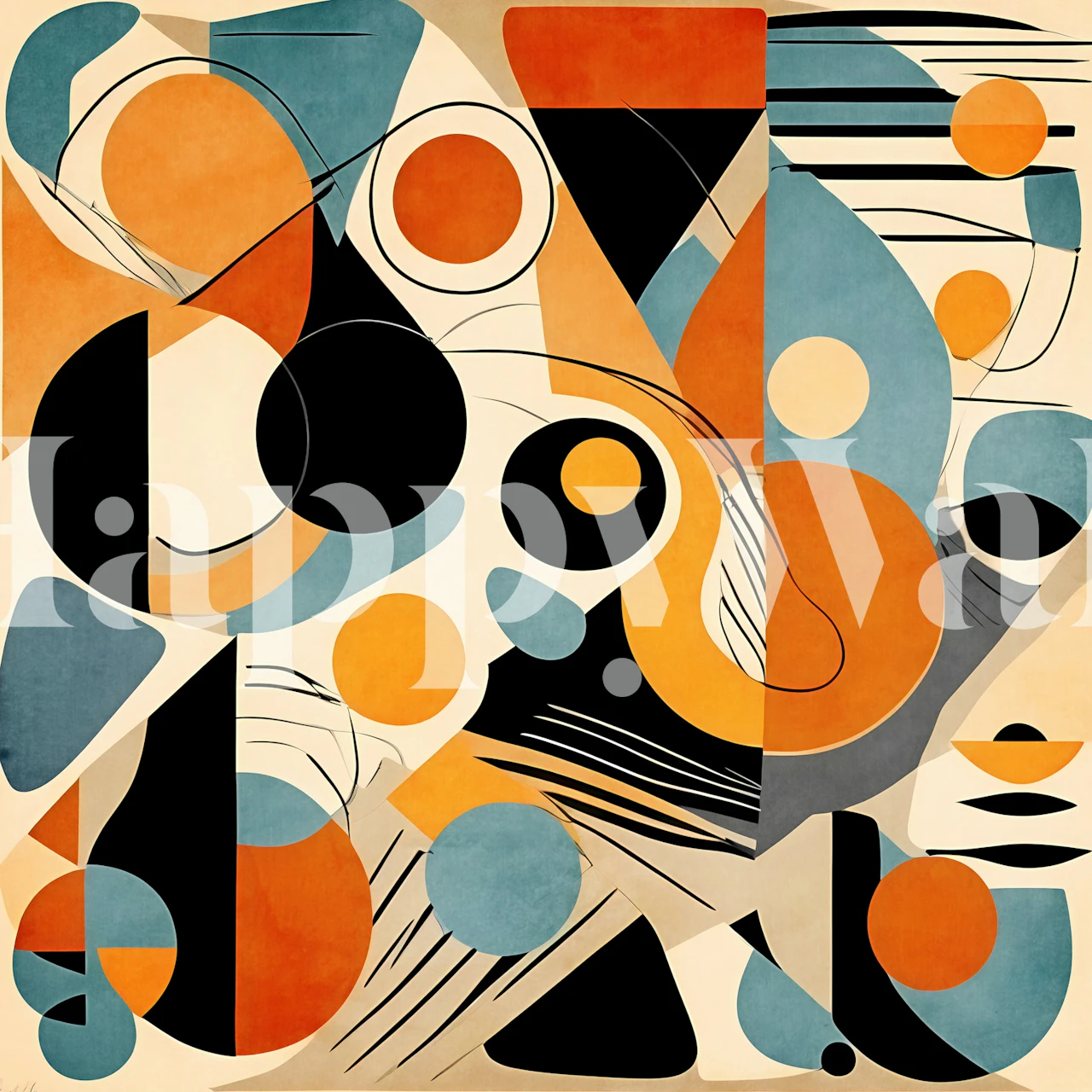 Abstract geometrisch fotobehang met een mix van oranje, blauwe, zwarte en crèmekleuren