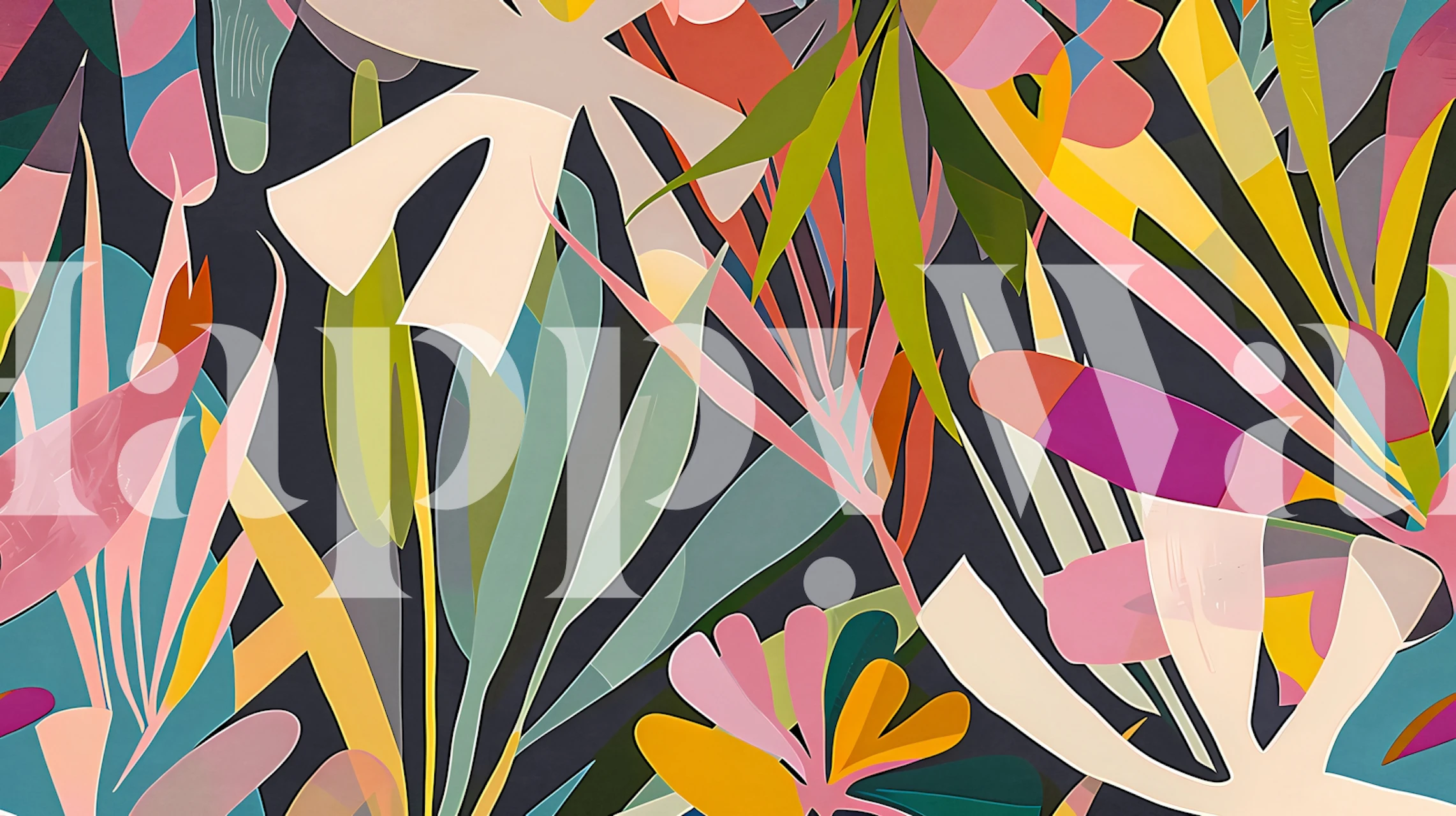 Zidna slika u obliku apstraktno živopisnog tropskog vrta sa šarenim uzorcima lišća