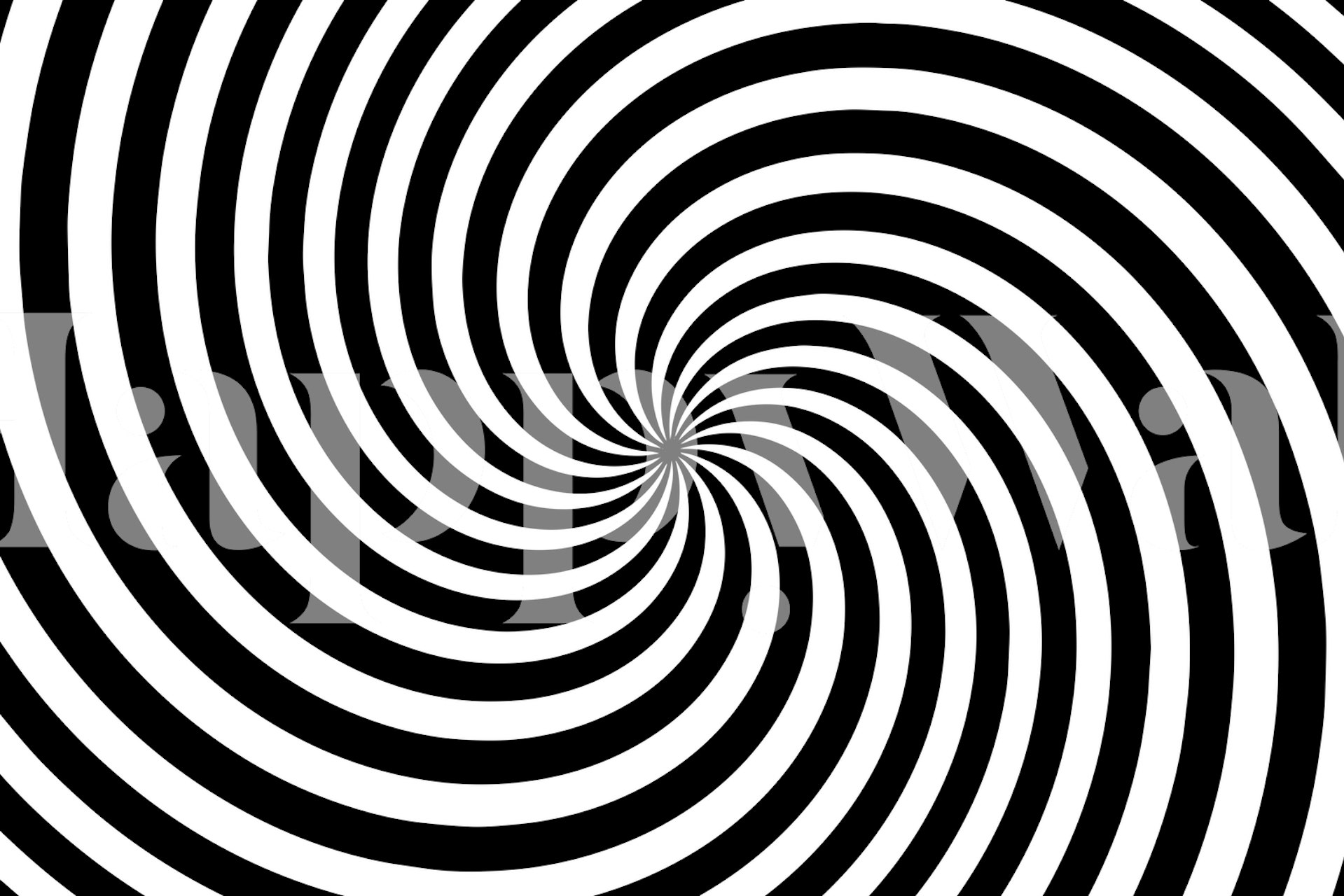Black and white spiral pattern wallpaper creating an optical illusion