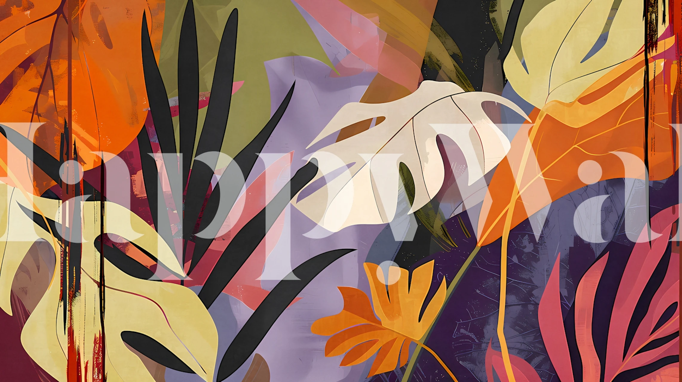 Colorful tropical leaves in green, orange, and yellow wallpaper