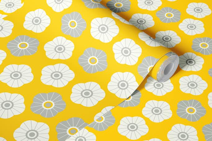 SPRING DAISIES Fresh Floral - Gray on Yellowwallpaper roll