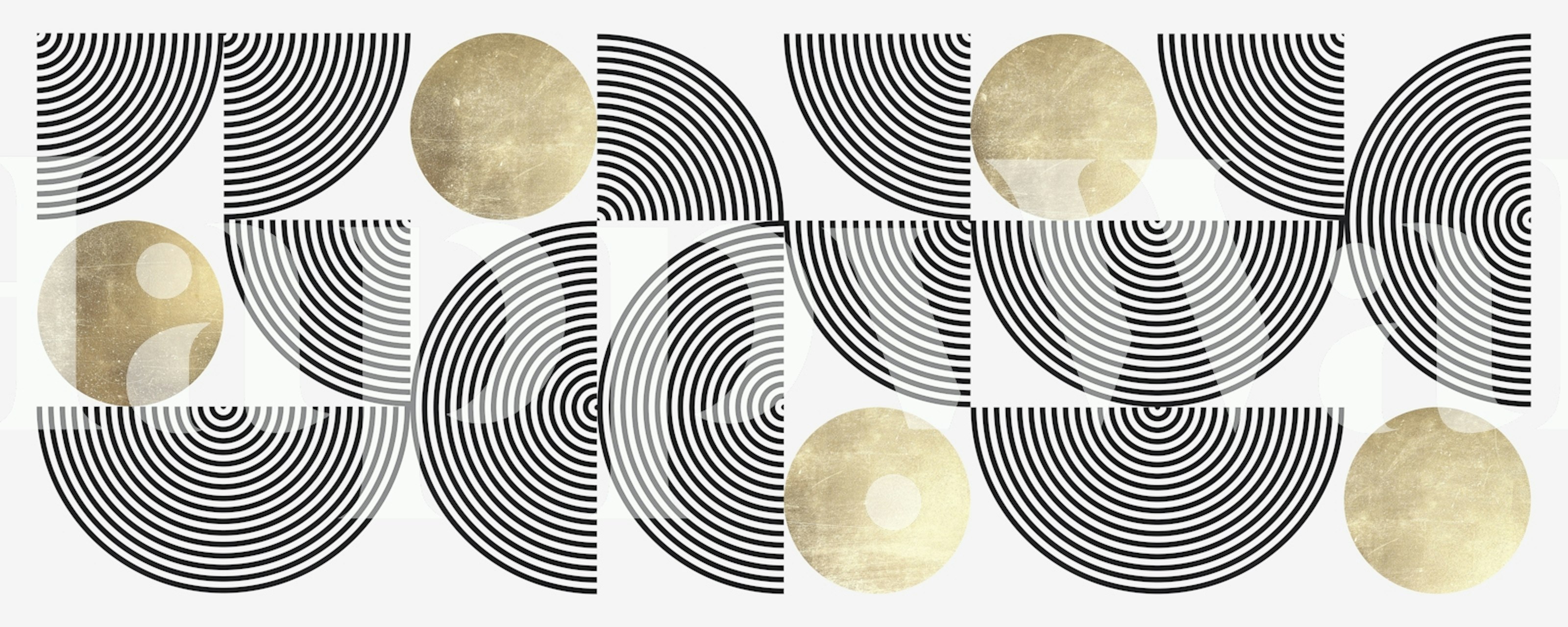 Abstrakteja viivoja ja ympyröitä sisältävä seinämaalaus, jossa on harmaita kuvioita ja kultaisia yksityiskohtia