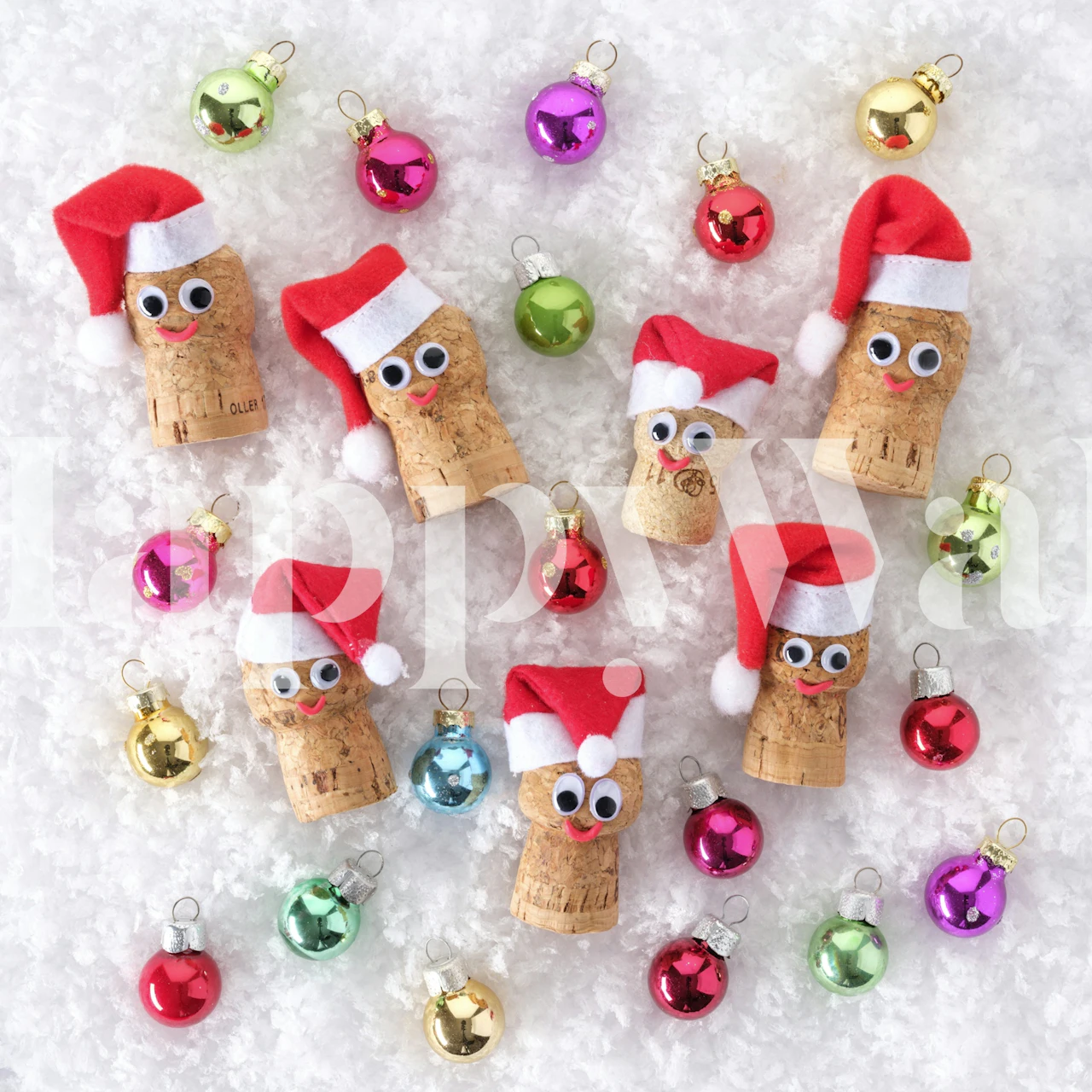 Fun Christmas Corks wall mural with Santa hat-adorned corks and colorful baubles on a snowy background
