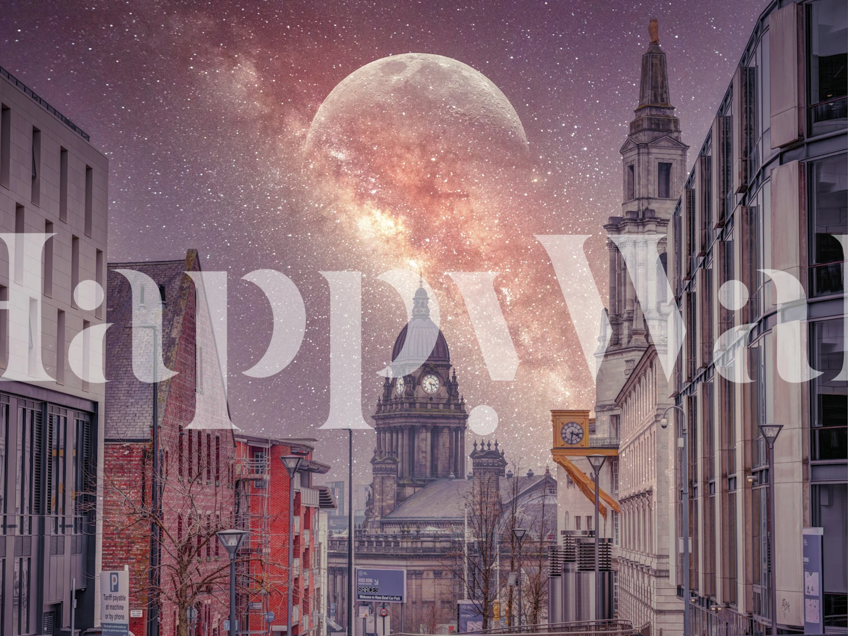 Cityscape with moon and galaxy, purple tones, artistic wallpaper