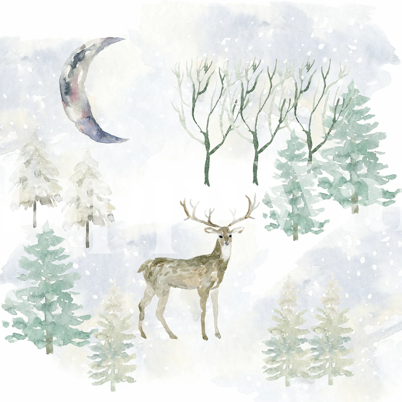 Winter scene with deer under crescent moon among snow-covered trees and frosted pines wall mural
