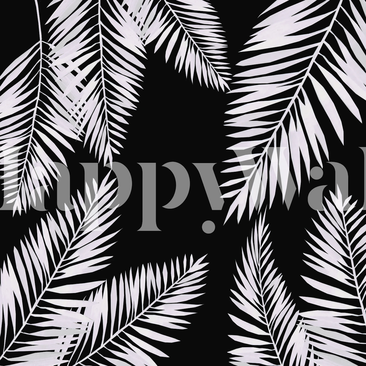 Monochrome tropical foliage pattern on a black background wall mural