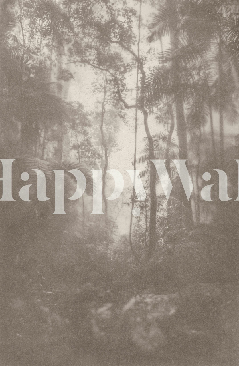 Foggy forest scene wall mural with silhouettes of trees in grayscale.