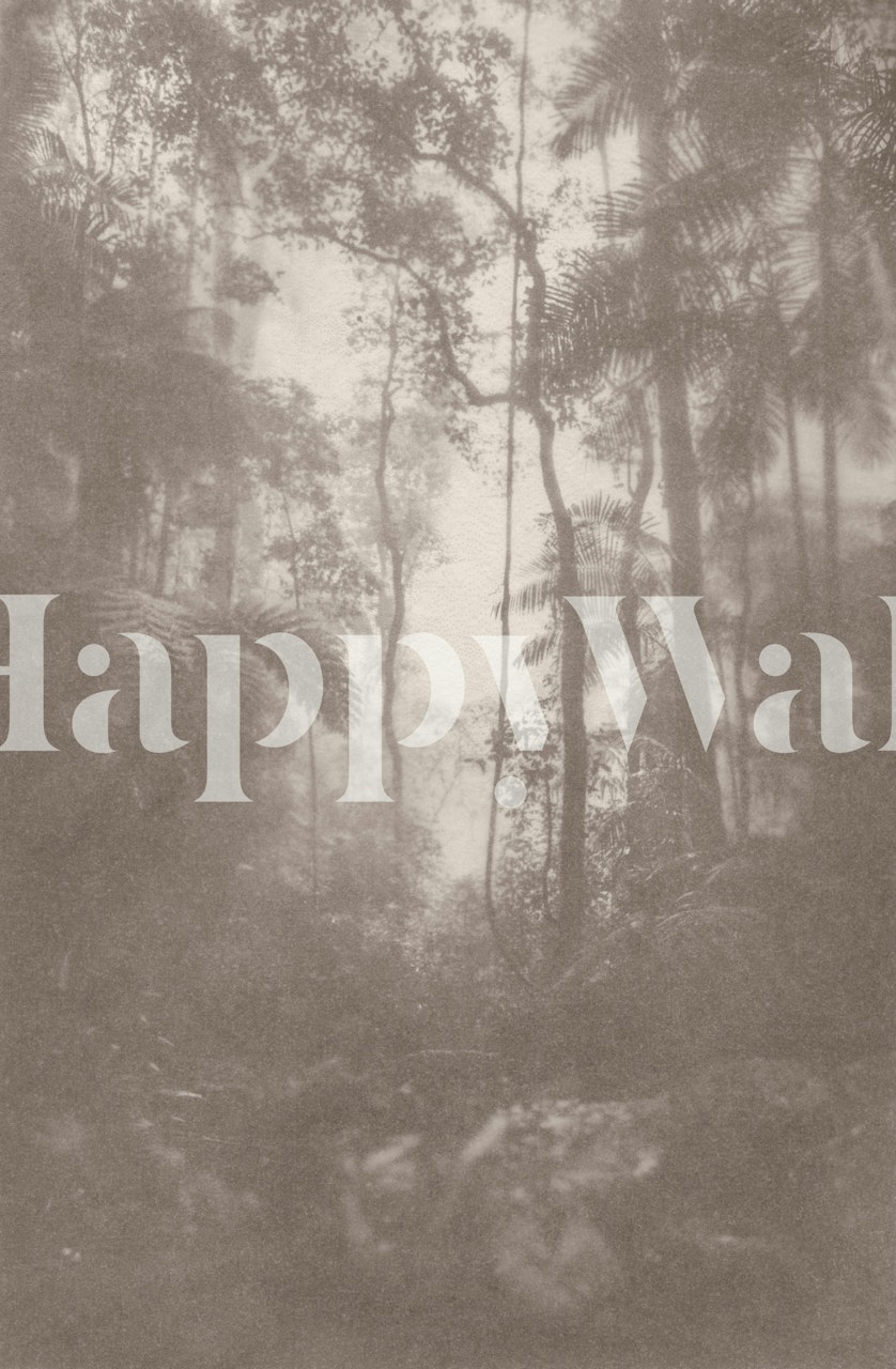 Fotomural vinílico de parede com cena de floresta nevoenta com silhuetas de árvores em tons de cinza.