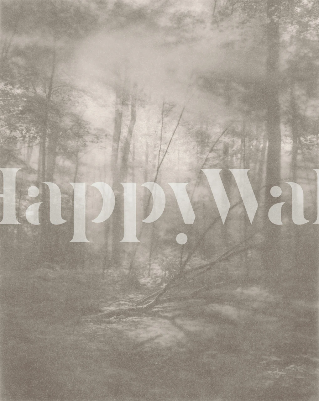 Foggy forest scene with muted tones and sparse trees wallpaper