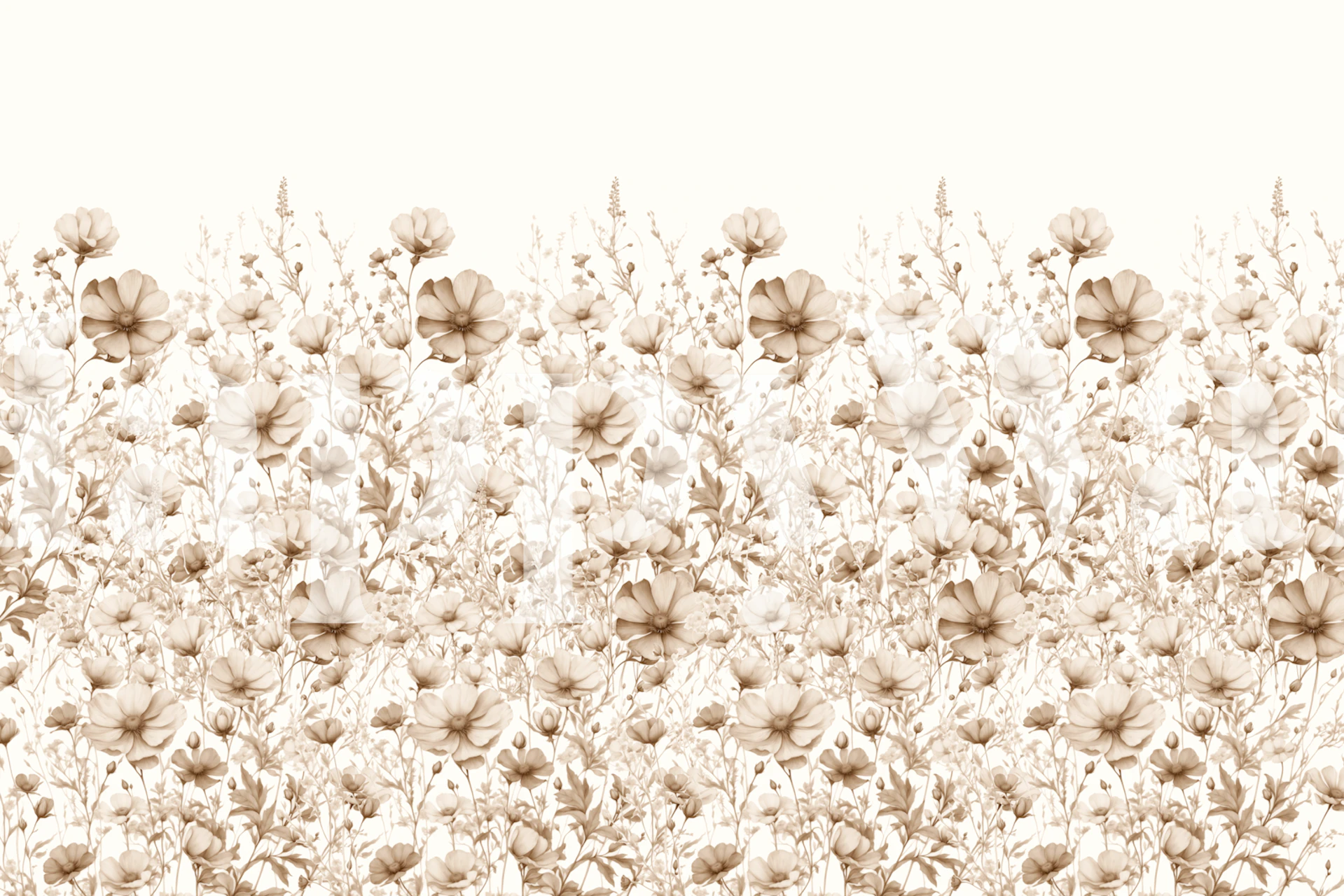 Beige cottage garden bloemenmuurschildering met een rustig bloemdessin