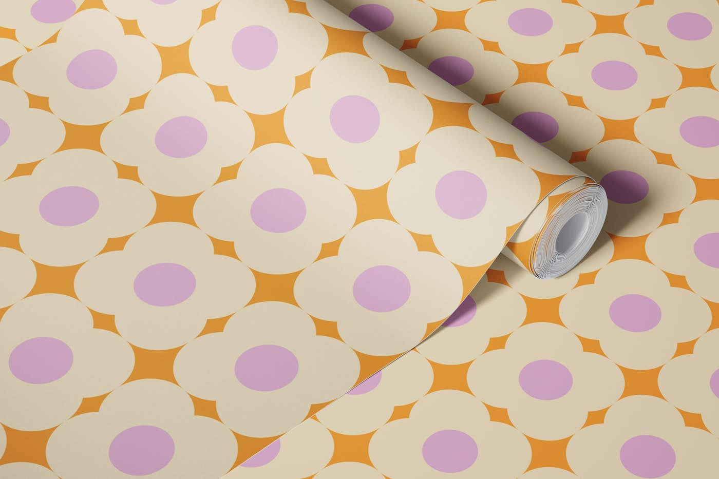 Retro Geometric Flowers in Yellow Small Scale wallpaper roll