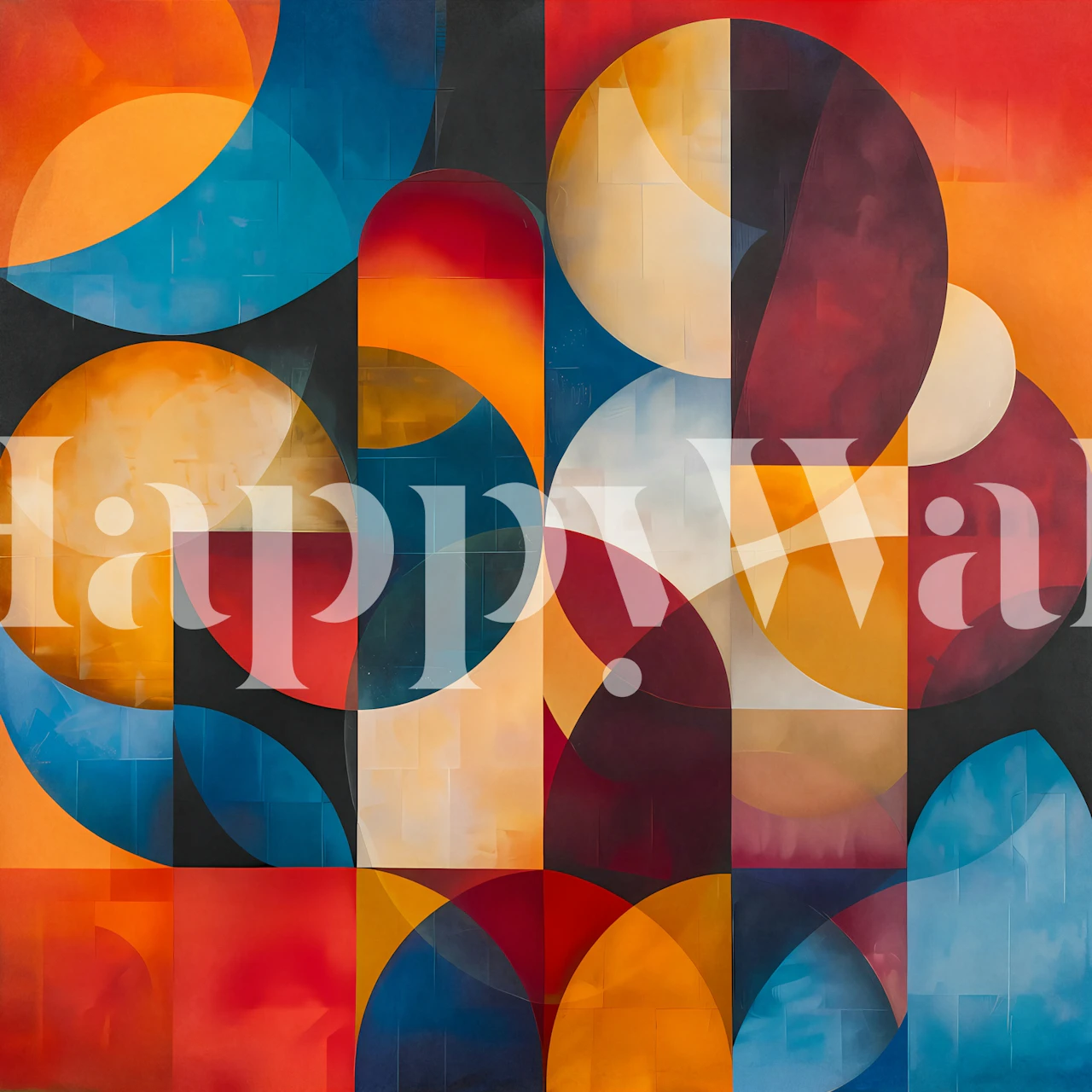 Geometric Concept 51 abstract wall mural with overlapping shapes in red, blue, and gold