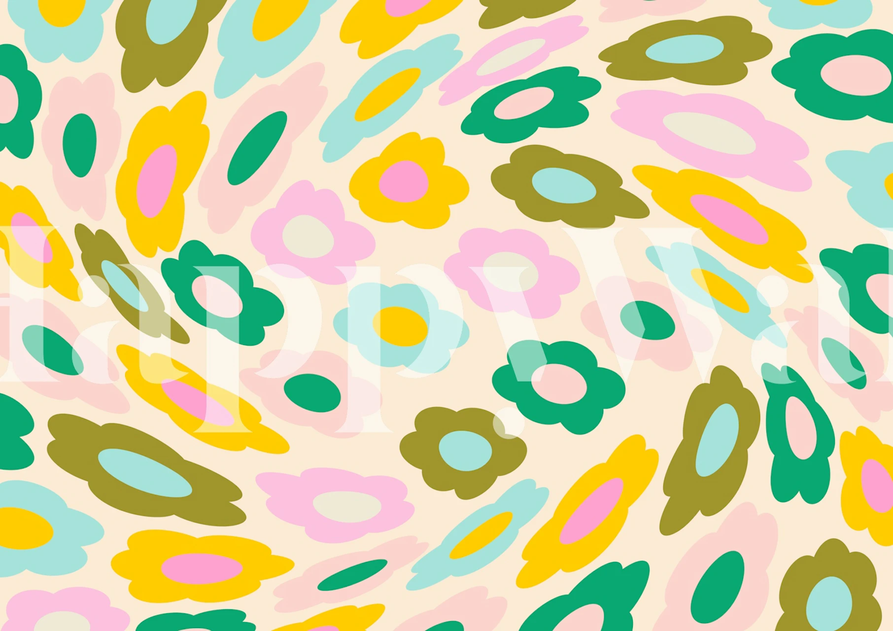 Trippy abstract spring flowers wallpaper in a room