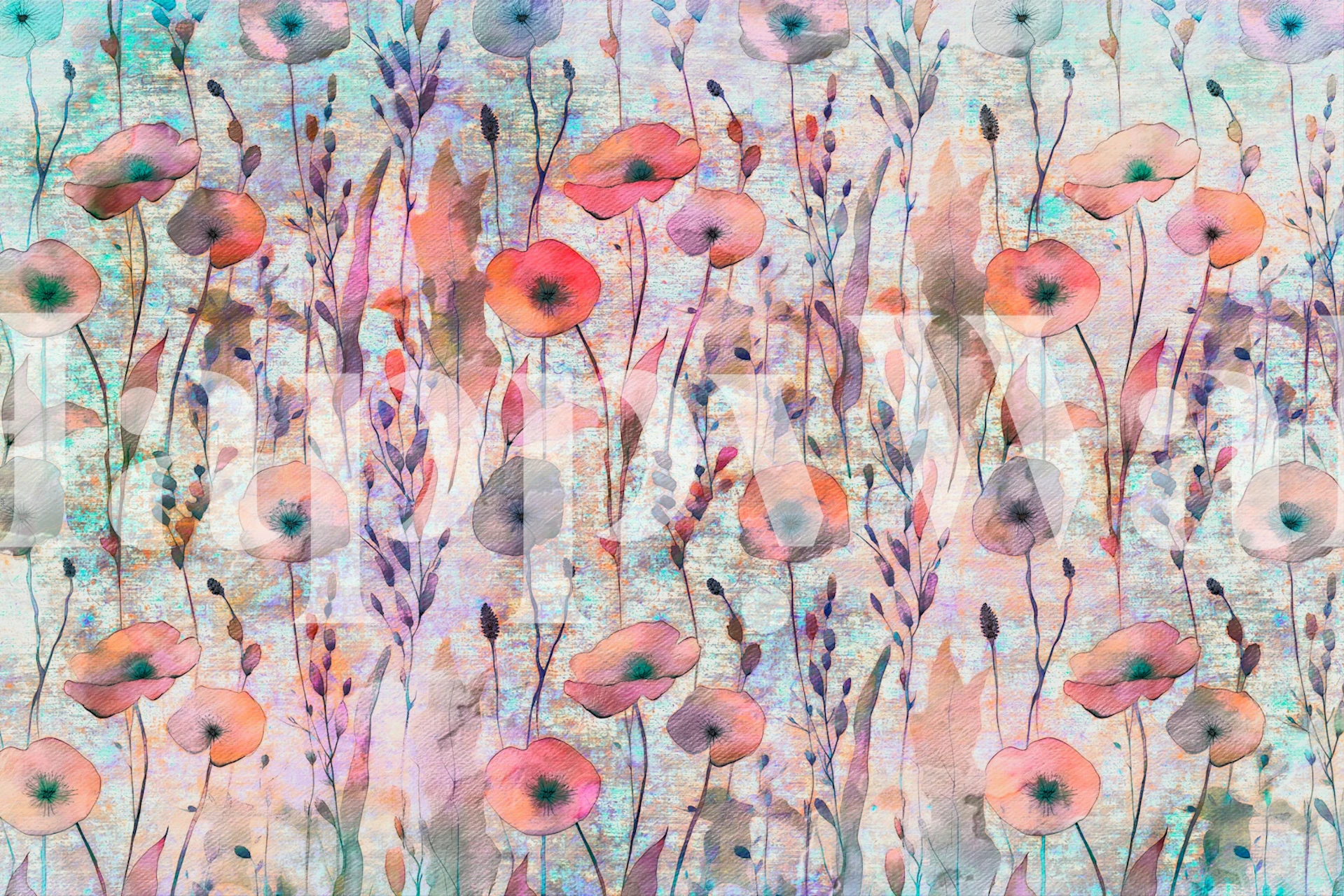 Mural de parede Poppy Spring Meadow com cores pastéis suaves e flores vibrantes de papoula evocando uma atmosfera serena de prado