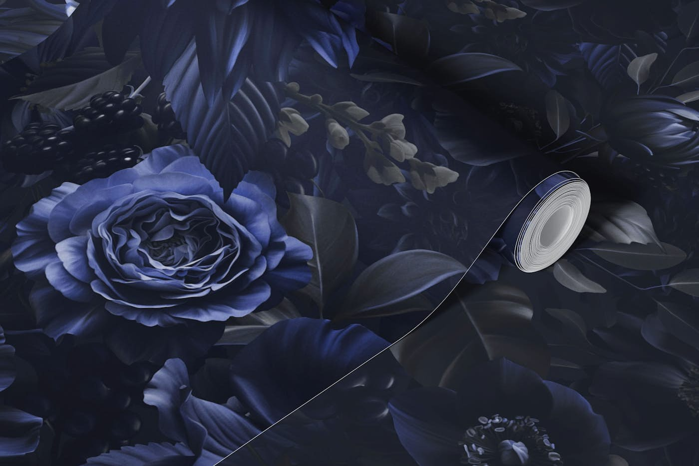 Opulent Baroque Maximalist Flowers Moody Blue wallpaper roll