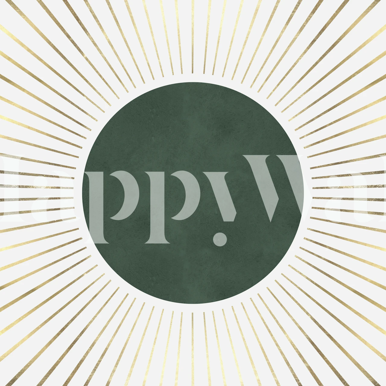 Wall mural of a green circle center with golden sunbeams radiating outwards on a neutral background