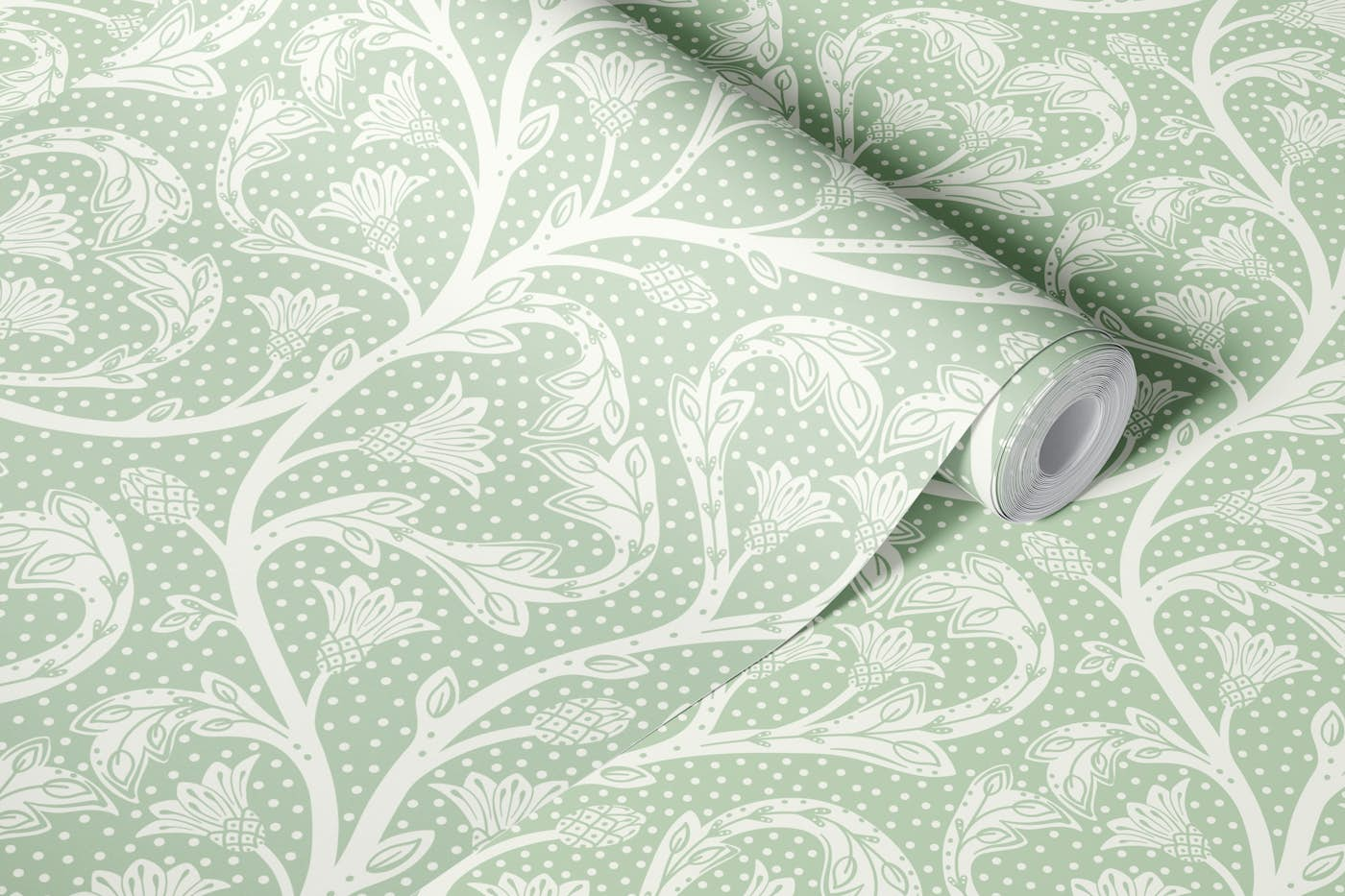 Victorian dandelion hearts sage green wallpaper roll