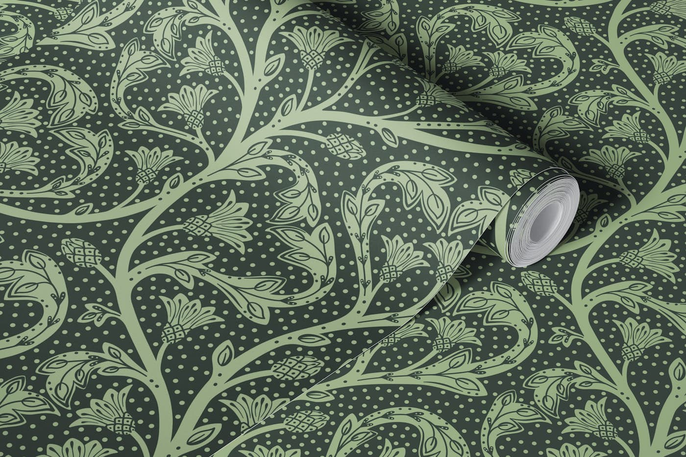 Victorian dandelion hearts dark green wallpaper roll