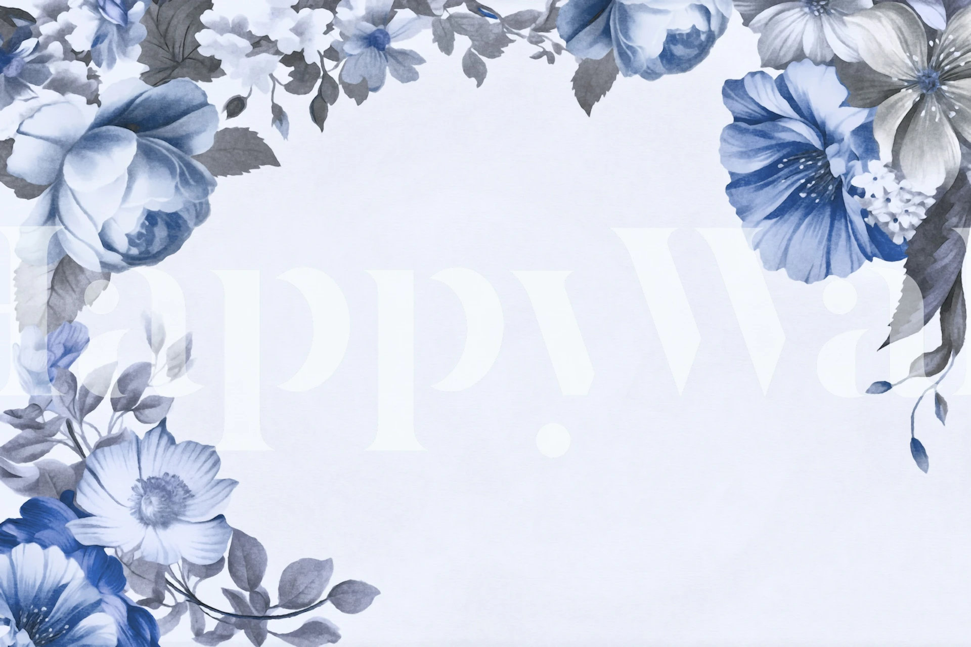 Niebieskie akwarelowe kwiaty na jasnoniebieskiej fototapecie w tle