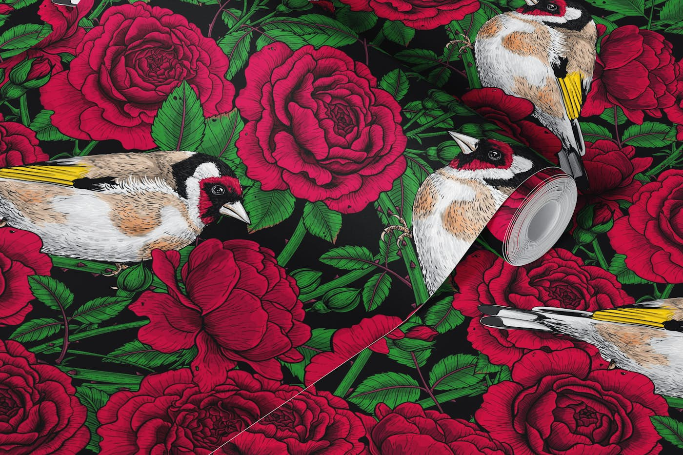 Red Rose flowers and goldfinch birds wallpaper roll