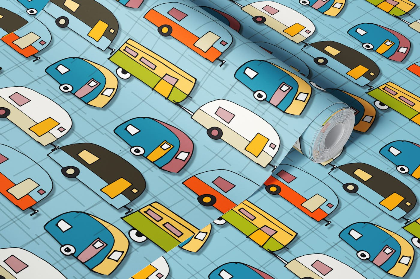 Retro Campers Blue wallpaper roll