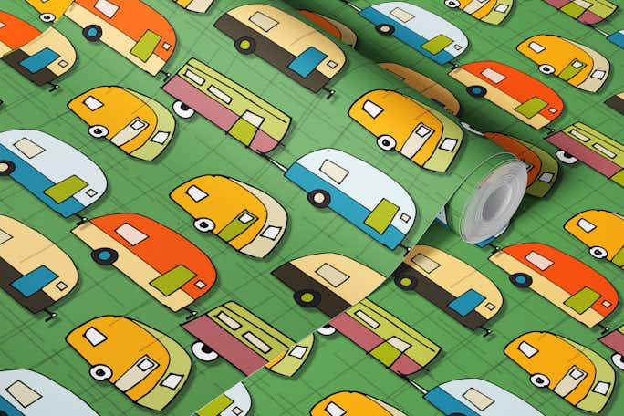 Retro Campers Greenwallpaper roll