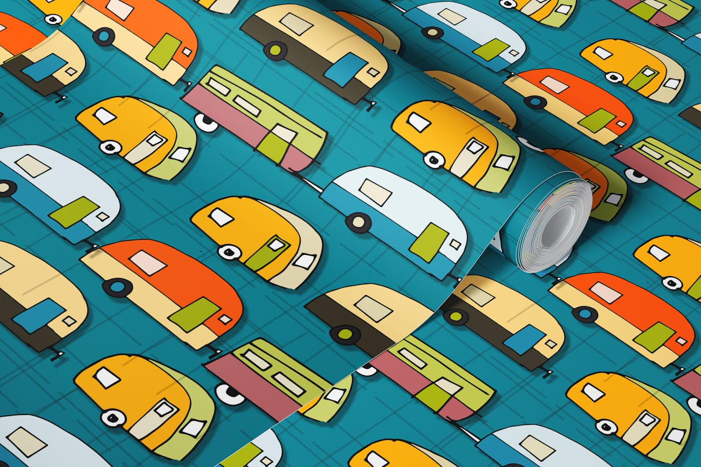 Retro Campers Teal wallpaper roll