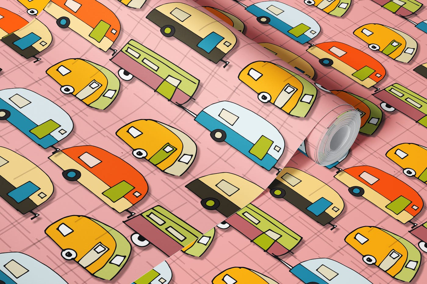 Retro Campers Pink wallpaper roll