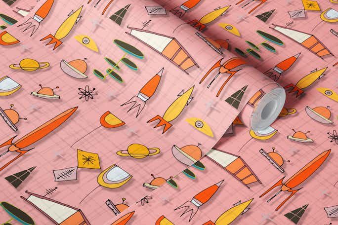 Space Age Traveling Pinkwallpaper roll