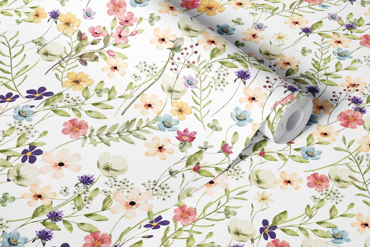 Wild tiny little watercolor flowers paradise wallpaper roll