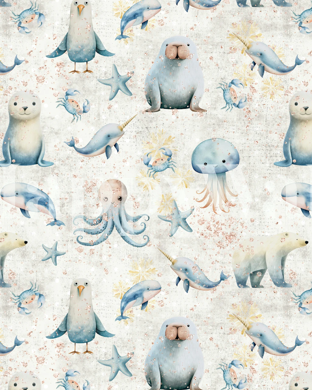 Arctic animals including seals, whales, and jellyfish in soft pastel colors wallpaper