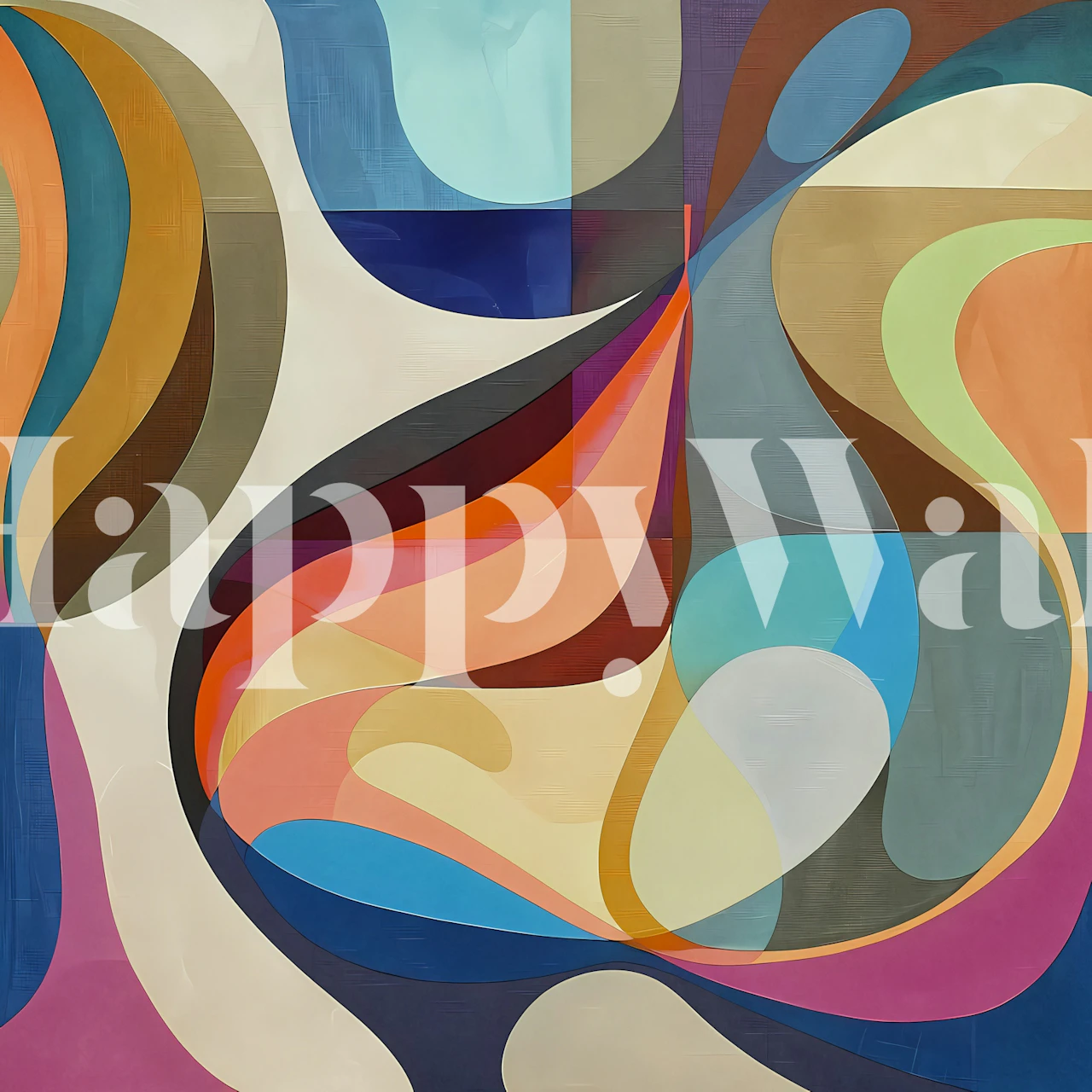 Abstract wall mural with a mix of bold curves and pastel colors