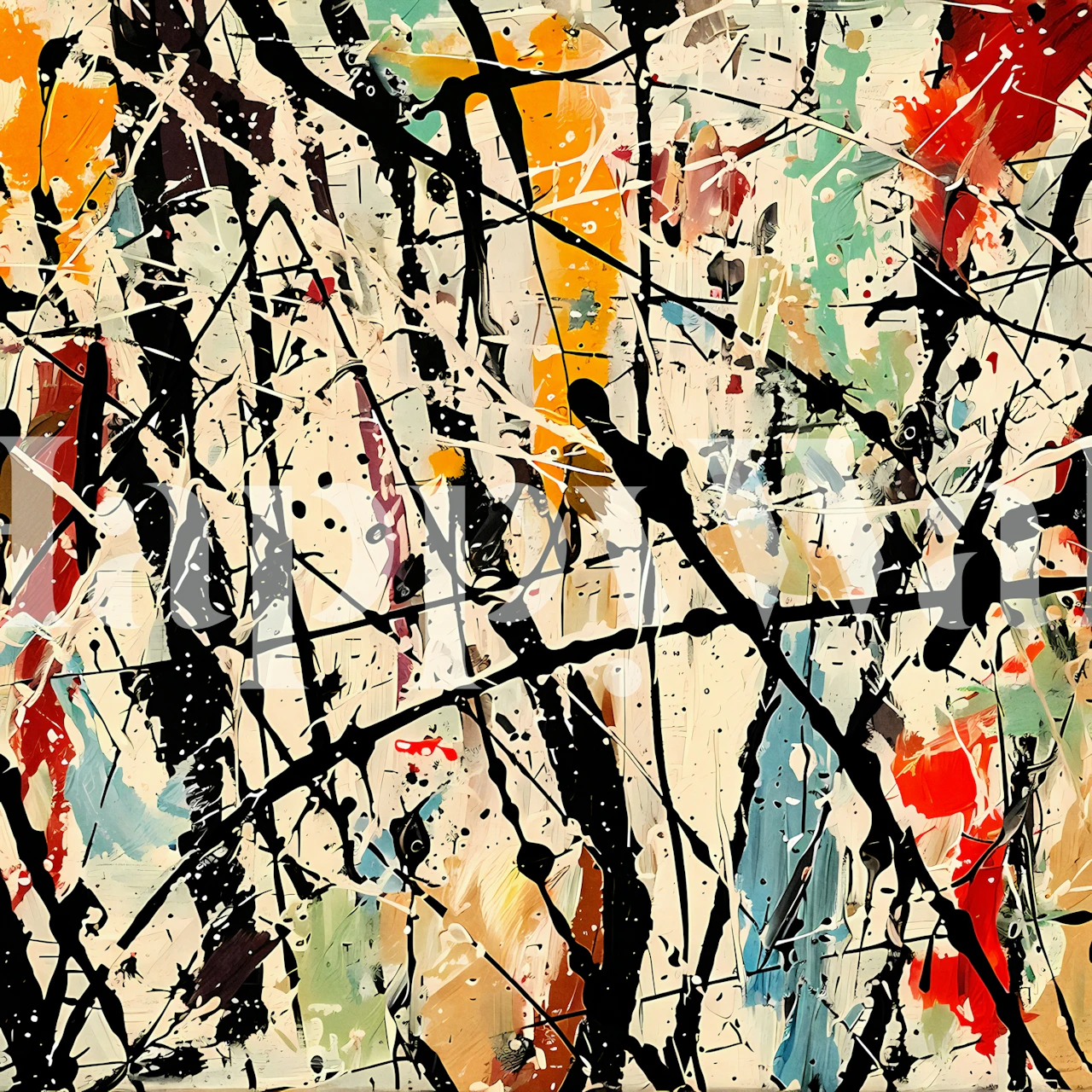 Colorful abstract splash design in red, yellow, teal, and black wallpaper