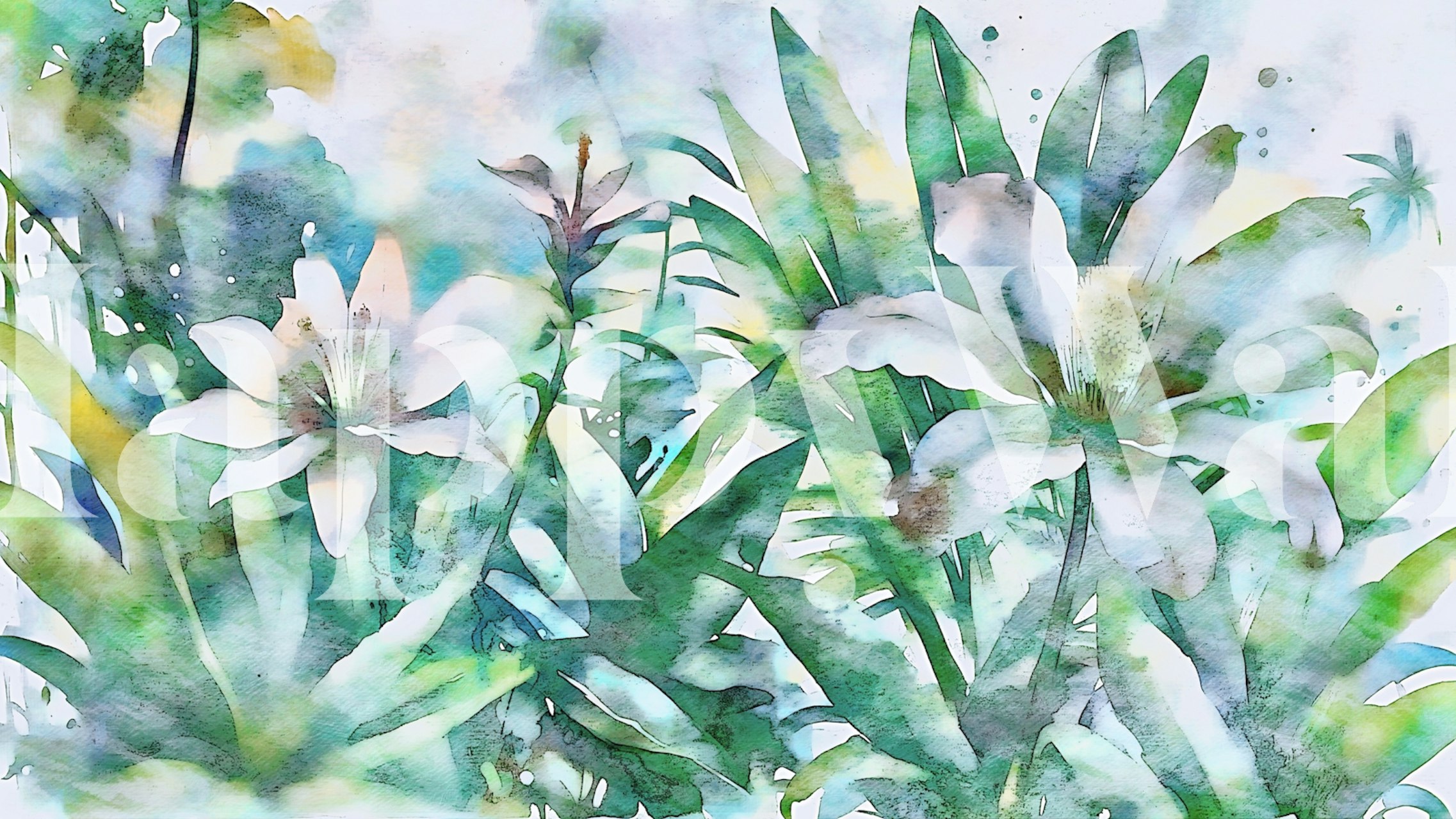 Watercolor jungle wallpaper in a display room.