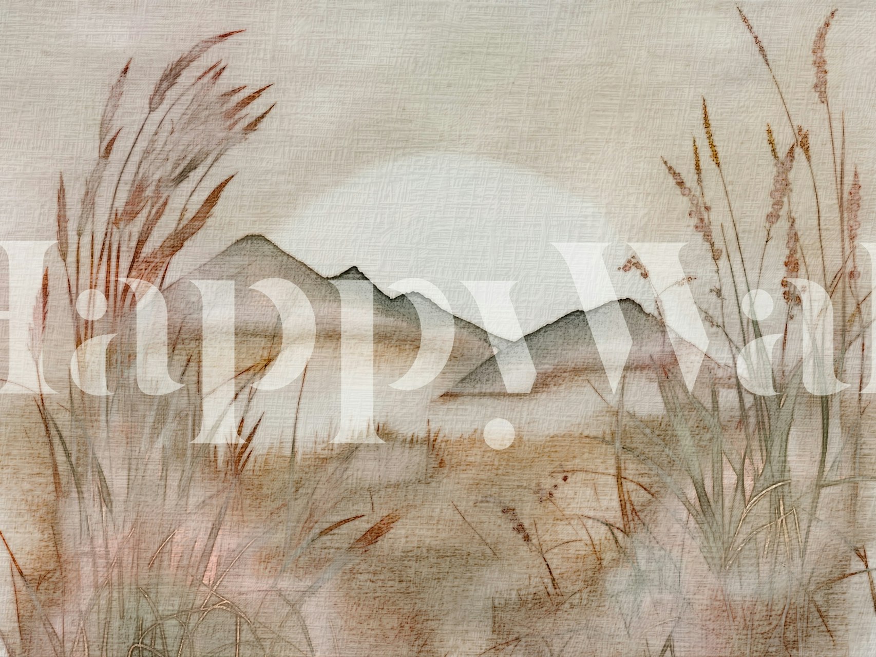 Beige mountains silhouette, tall grasses, soft tones wall mural