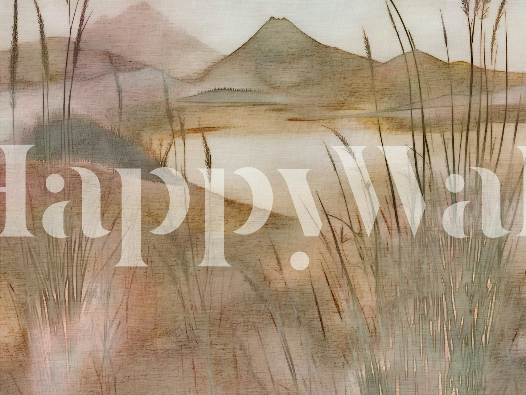 Moody Japandi landschap behang in een kamer