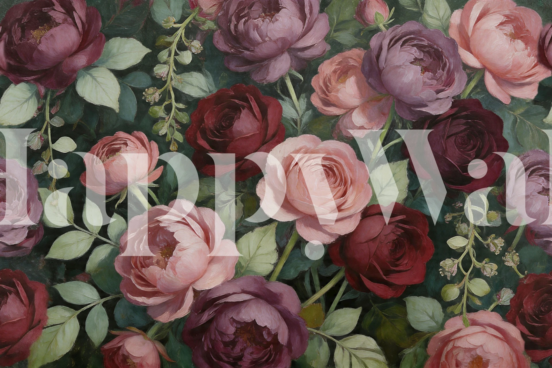 Large antique peonies wallpaper in a room