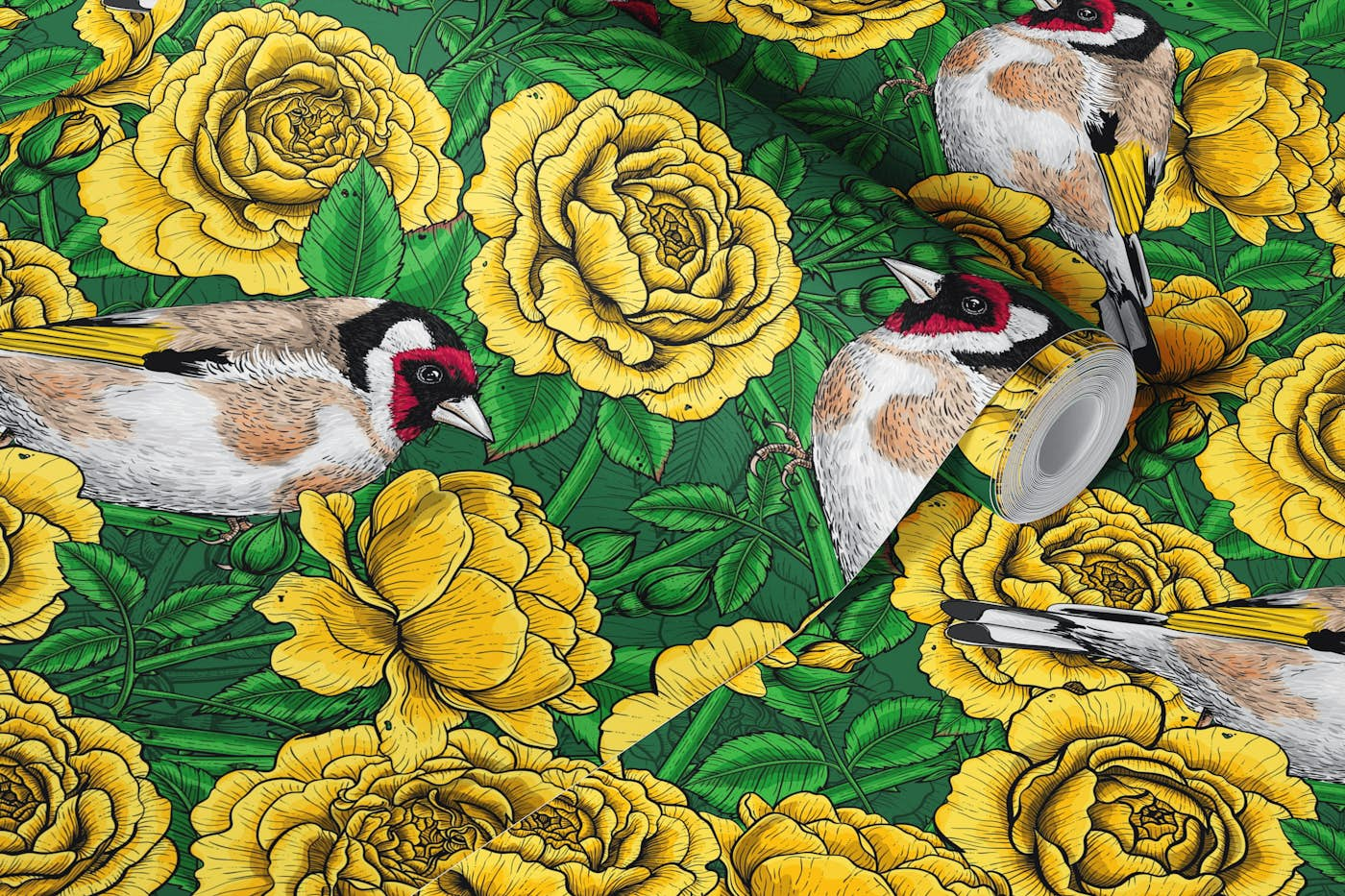 Yellow Rose flowers and goldfinch birds wallpaper roll