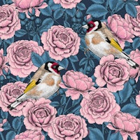 Pink Rose flowers and goldfinch birds ταπετσαρία