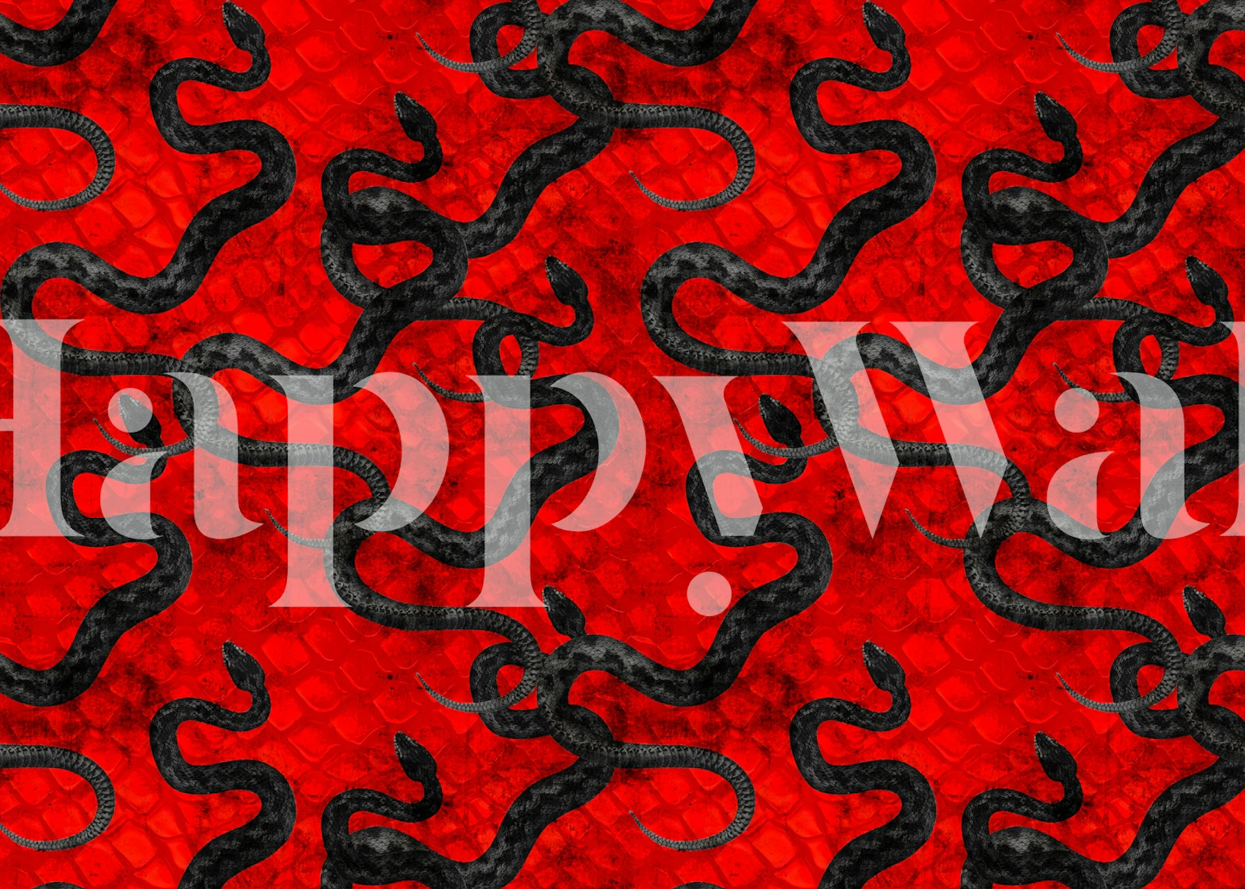 Black snakes on a vibrant red snake skin pattern wallpaper