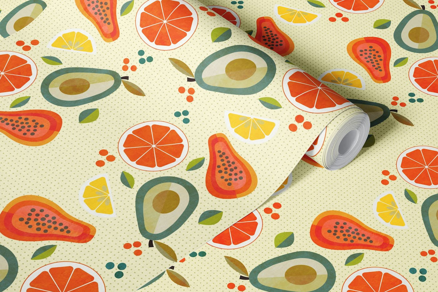 mid-century-summer-fruits-pattern wallpaper roll